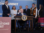 President Joe Biden speaks before signing an executive order at the White House Tribal Nations Summit at the Department of the Interior, Wednesday, Dec. 6, 2023, in Washington.