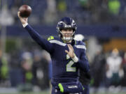 Seattle Seahawks quarterback Drew Lock works out prior to an NFL football game against the Philadelphia Eagles, Monday, Dec. 18, 2023, in Seattle.
