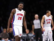 Detroit Pistons center Isaiah Stewart (28) reacts after being charged with a foul against the Brooklyn Nets during the second half of an NBA basketball game, Saturday, Dec. 23, 2023, in New York. (AP Photo/Noah K.