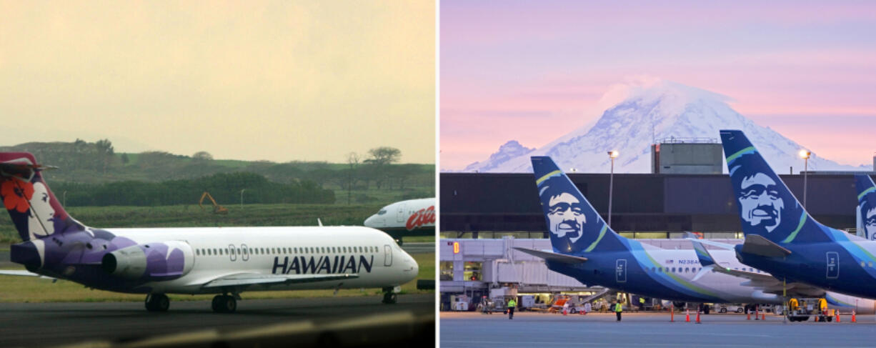 This combination of photos shows a Hawaiian Airlines plane at Kahalui, Hawaii, March 24, 2005, left, and Alaska Airlines planes March 1, 2021, in Seattle. Alaska Airlines announced Sunday, Dec. 3, 2023, that it will buy Hawaiian Airlines for $1.9 billion. That&#039;s raising questions about how antitrust regulators will view the deal, and whether past airline mergers have hurt consumers. (AP Photo/Lucy Pemoni, Ted S.