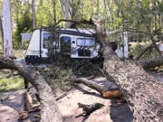 A fallen tree lays across a camping trailer near the Gold Coast, Australia Tuesday, Dec. 26, 2023. At least nine people have died in wild weather in the Australian eastern states of Queensland and Victoria, officials said on Wednesday.