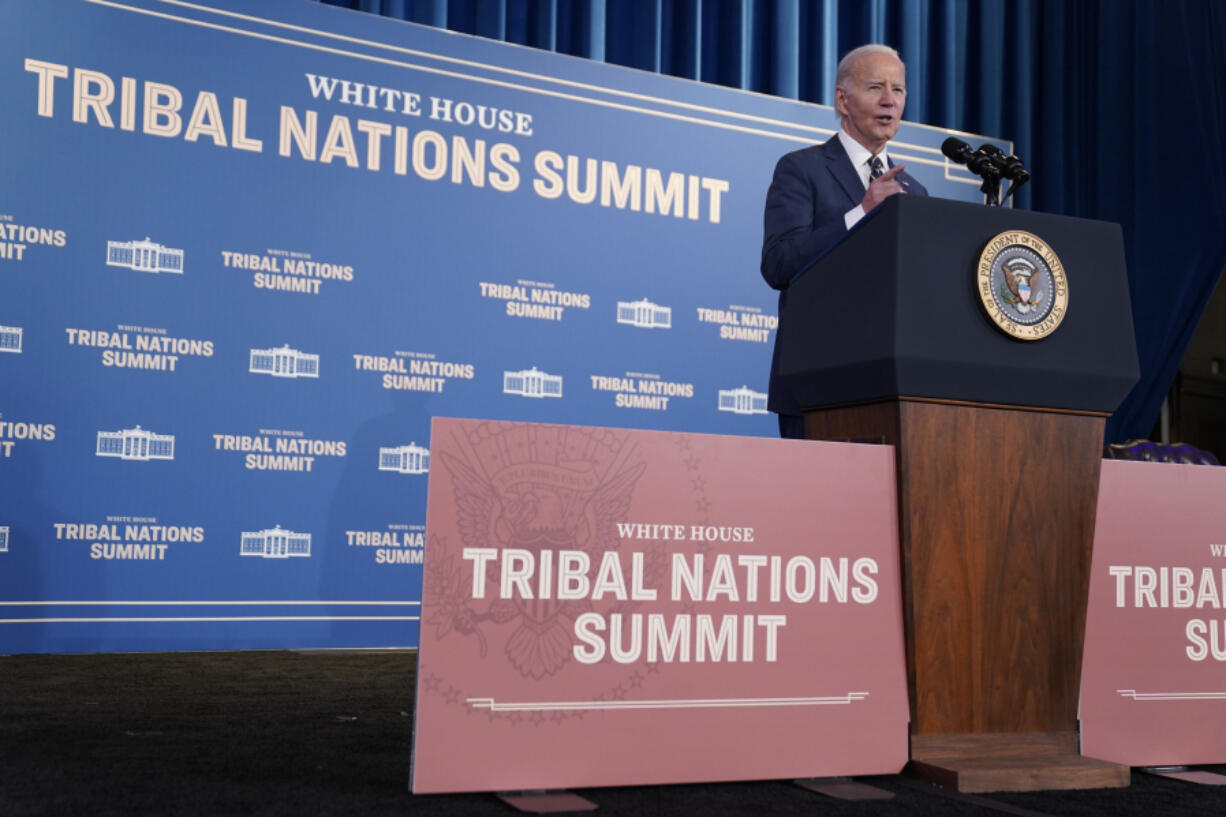 President Joe Biden delivers remarks at the White House Tribal Nations Summit on Wednesday at the Department of the Interior in Washington.