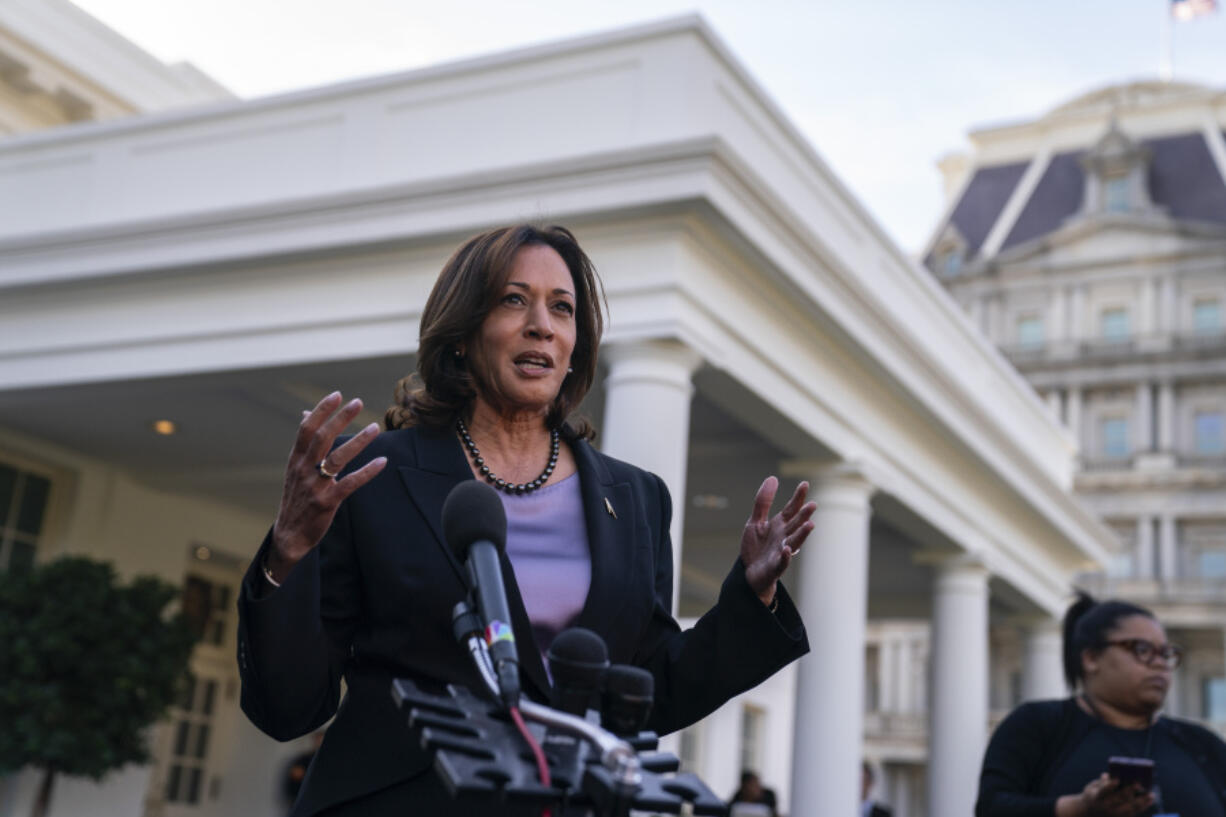 Vice President Kamala Harris makes a statement on abortion access at the White House, Wednesday, Nov. 8, 2023, in Washington.