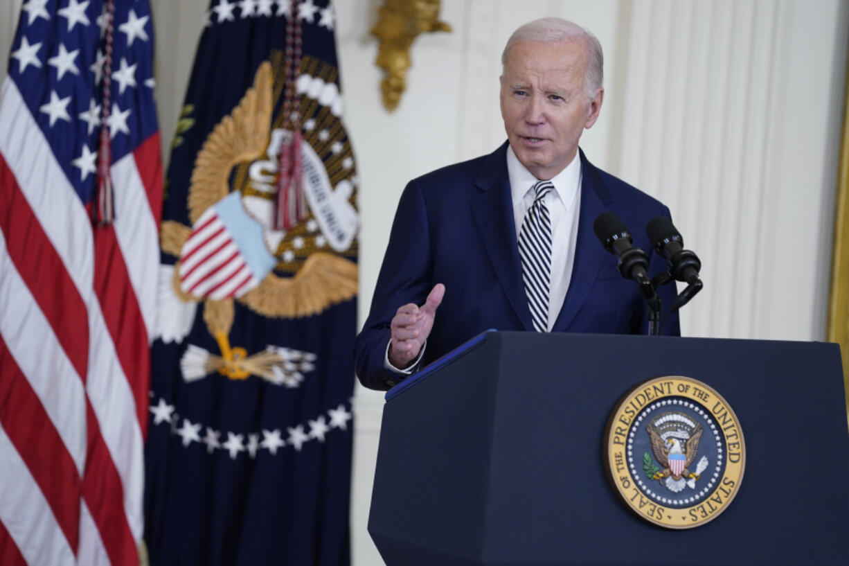 FILE - President Joe Biden speaks in the East Room of the White House, Oct. 30, 2023, in Washington. Biden is heading to Las Vegas to showcase $8.2 billion in funding for 10 major passenger rail projects across the country. The money includes funding to spur work on high-speed, electric train routes that could one day link Nevada and California, as well as Los Angeles and San Francisco.