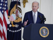 FILE - President Joe Biden speaks in the East Room of the White House, Oct. 30, 2023, in Washington. Biden is heading to Las Vegas to showcase $8.2 billion in funding for 10 major passenger rail projects across the country. The money includes funding to spur work on high-speed, electric train routes that could one day link Nevada and California, as well as Los Angeles and San Francisco.