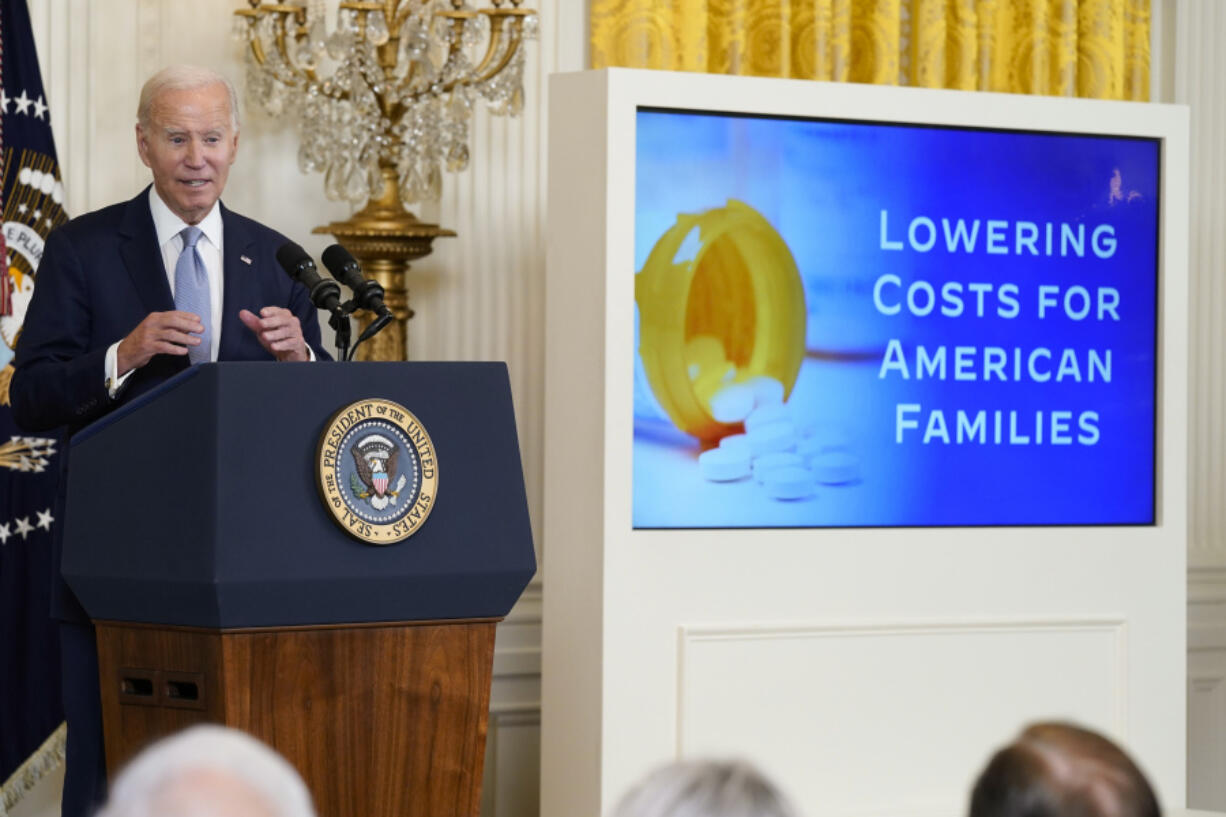 FILE - President Joe Biden speaks during an event on prescription drug costs, in the East Room of the White House, Aug. 29, 2023, in Washington. The Biden administration is putting pharmaceutical companies on notice. It&rsquo;s warning them that if the price of certain drugs is too high, they might allow other companies to make their product. Under the new plan, the government would consider overriding the patent for high-priced drugs that have been developed with the help of taxpayer money.