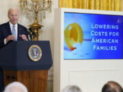 FILE - President Joe Biden speaks during an event on prescription drug costs, in the East Room of the White House, Aug. 29, 2023, in Washington. The Biden administration is putting pharmaceutical companies on notice. It&rsquo;s warning them that if the price of certain drugs is too high, they might allow other companies to make their product. Under the new plan, the government would consider overriding the patent for high-priced drugs that have been developed with the help of taxpayer money.