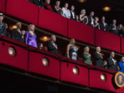 President Joe Biden and first lady Jill Biden, together with 2023 Kennedy Center Honorees, from left, British singer and member of the Bee Gees, Barry Gibb; singer Dionne Warwick, soprano Ren&eacute;e Fleming, actor and comedian Billy Crystal and singer and actress Queen Latifah, attend the 46th Kennedy Center Honors at the John F. Kennedy Center for the Performing Arts in Washington, Sunday, Dec. 3, 2023.