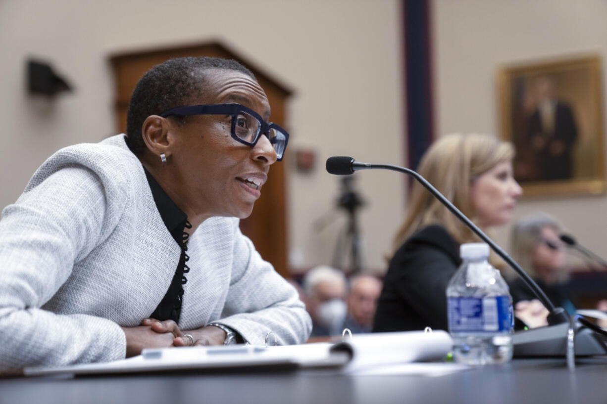 Harvard President Claudine Gay, left, speaks as University of Pennsylvania President Liz Magill listens Tuesday during a hearing of the House Committee on Education on Capitol Hill in Washington.