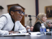 Harvard President Claudine Gay, left, speaks as University of Pennsylvania President Liz Magill listens Tuesday during a hearing of the House Committee on Education on Capitol Hill in Washington.