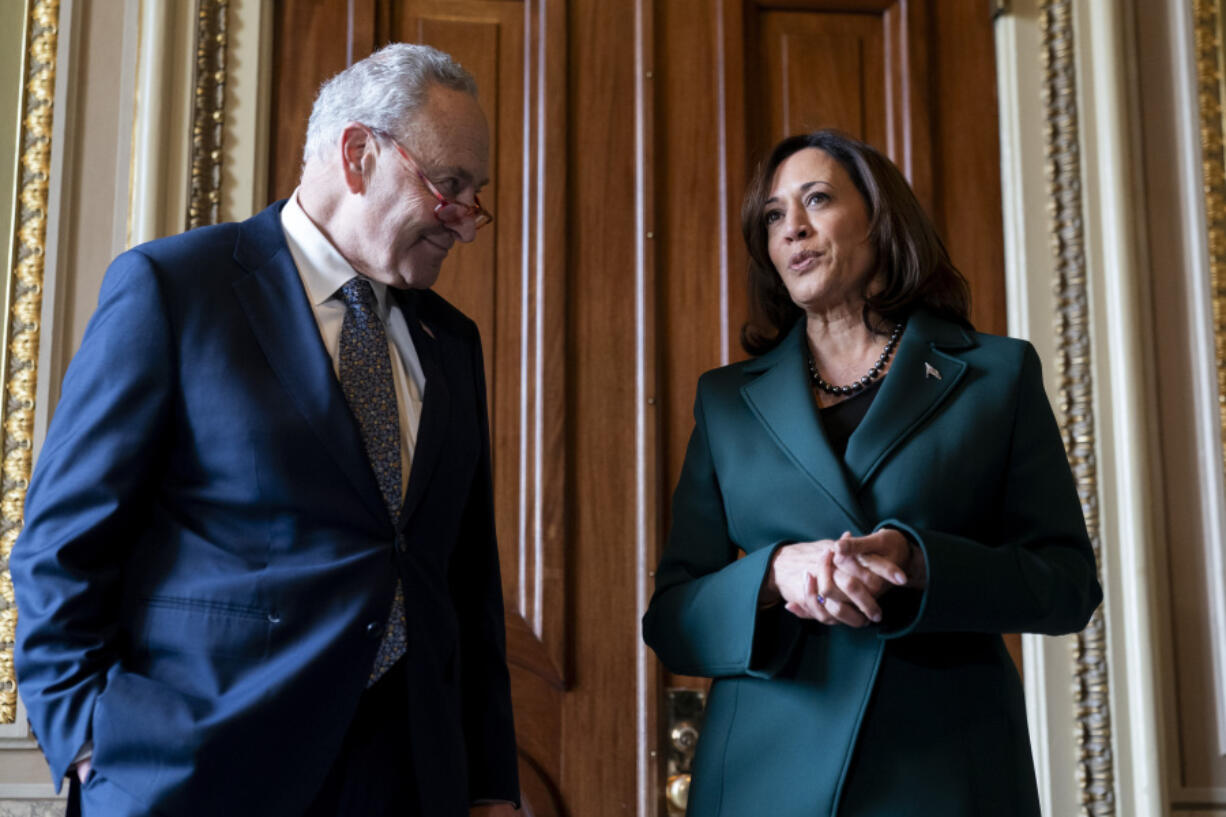 Vice President Kamala Harris speaks to media after being presented with a golden gavel by Senate Majority Leader Sen. Chuck Schumer, D-N.Y., after Harris cast the 32nd tie-breaking vote in the Senate, the most ever cast by a vice president, Tuesday, Dec. 5, 2023, on Capitol Hill in Washington.