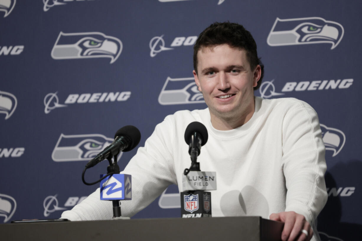 Seattle Seahawks quarterback Drew Lock speaks to the news media after an NFL football game against the Philadelphia Eagles, Monday, Dec. 18, 2023, in Seattle.