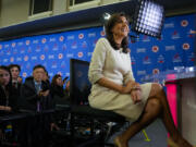 Republican presidential candidate former U.N. Ambassador Nikki Haley answering questions in the Spin Room after the Republican presidential primary debate hosted by NewsNation on Wednesday, Dec. 6, 2023, at the Moody Music Hall at the University of Alabama in Tuscaloosa, Ala.