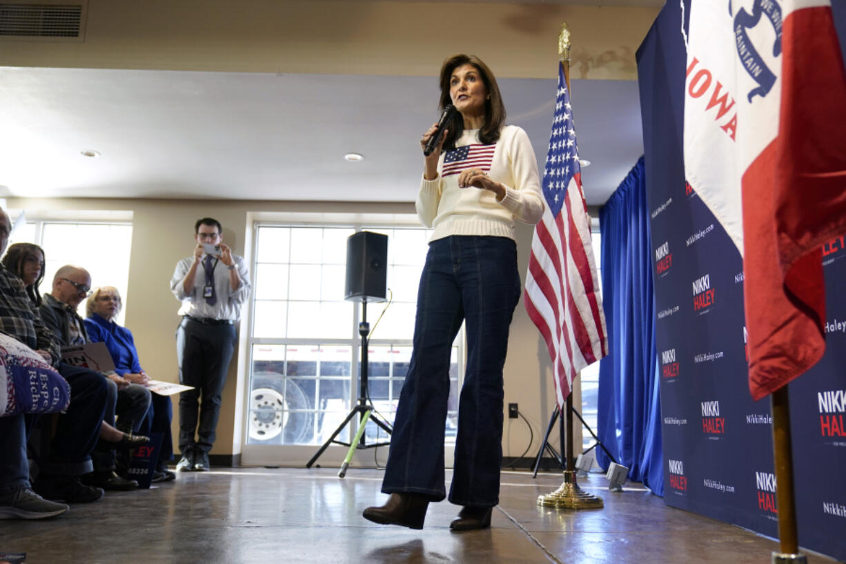 Republican presidential candidate Nikki Haley speaks during a town hall, Monday, Dec. 18, 2023, in Nevada, Iowa.