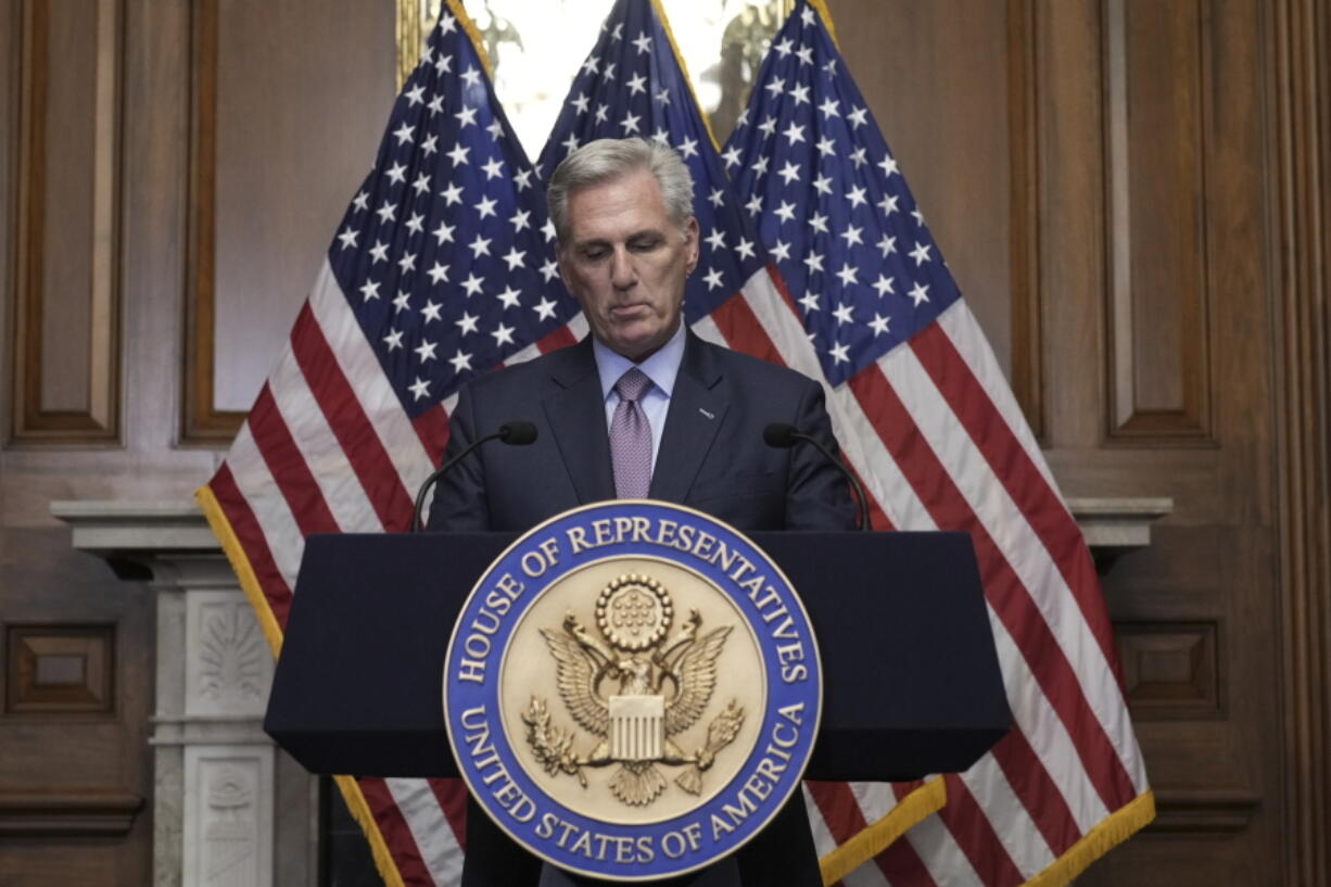 Rep. Kevin McCarthy, R-Calif., speaks to reporters on Oct. 3, hours after he was ousted as Speaker of the House, at the Capitol in Washington.