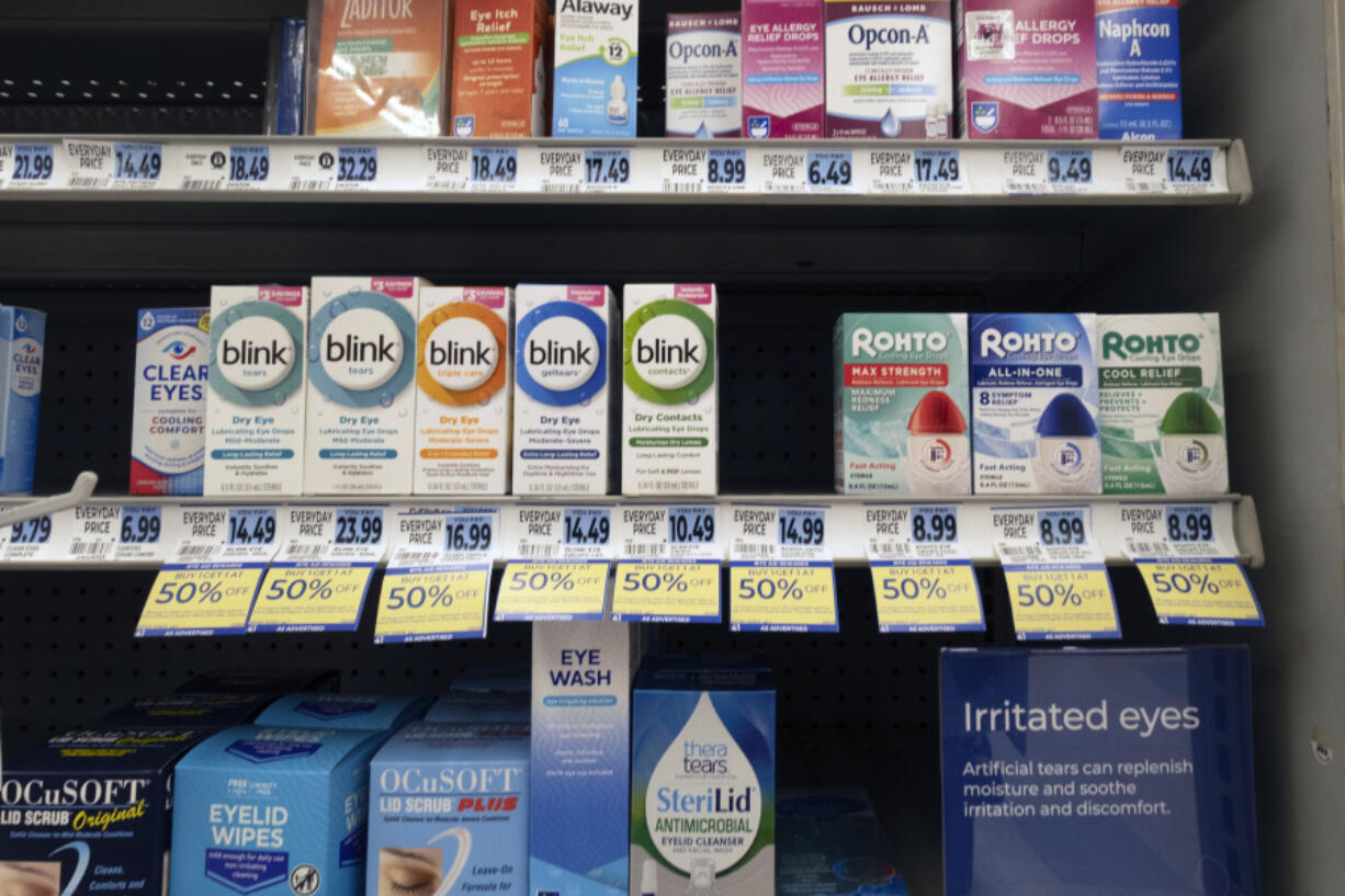 A selection of eye drops line a shelf at a pharmacy in Los Angeles on Tuesday, Dec. 12, 2023. A series of recalls involving over-the-counter drops is drawing new attention to just how little U.S. officials know about the conditions at manufacturing plants on the other side of the world and the limited tools they have to force products off the market when there&#039;s a problem.