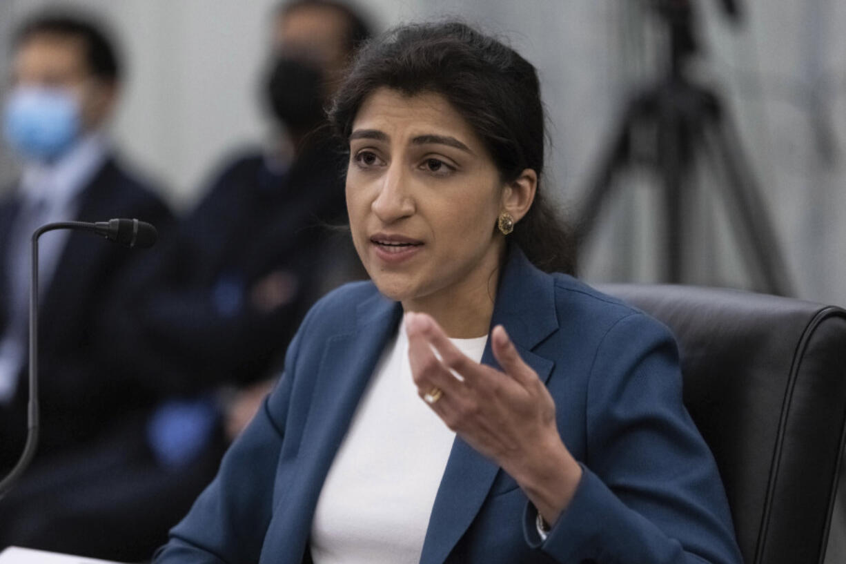 File - Lina Khan, then a nominee for Commissioner of the Federal Trade Commission (FTC), speaks during a hearing, April 21, 2021 in Washington. The FTC, now chaired by Khan, is proposing sweeping changes to a decades-old law that regulates how online companies can track and advertise to children.