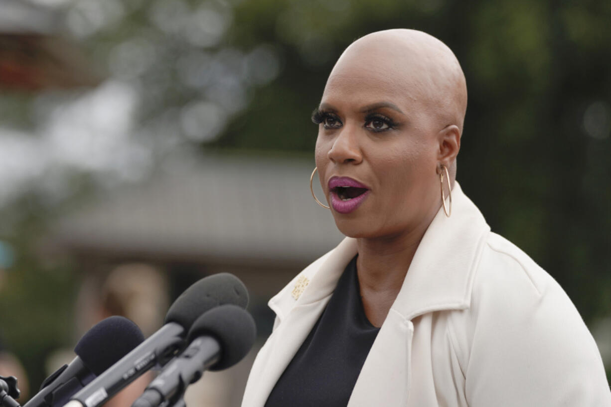 FILE - Rep. Ayanna Pressley, D-Mass., talks during a press conference to call for a ceasefire in Israel and Gaza on Capitol Hill, Friday, Oct. 20, 2023, in Washington. Pressley and Sen. Peter Welch, D-Vt., have introduced legislation that would guarantee the right to vote in federal elections for all citizens convicted of a felony.