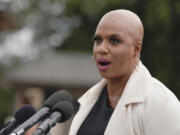 FILE - Rep. Ayanna Pressley, D-Mass., talks during a press conference to call for a ceasefire in Israel and Gaza on Capitol Hill, Friday, Oct. 20, 2023, in Washington. Pressley and Sen. Peter Welch, D-Vt., have introduced legislation that would guarantee the right to vote in federal elections for all citizens convicted of a felony.