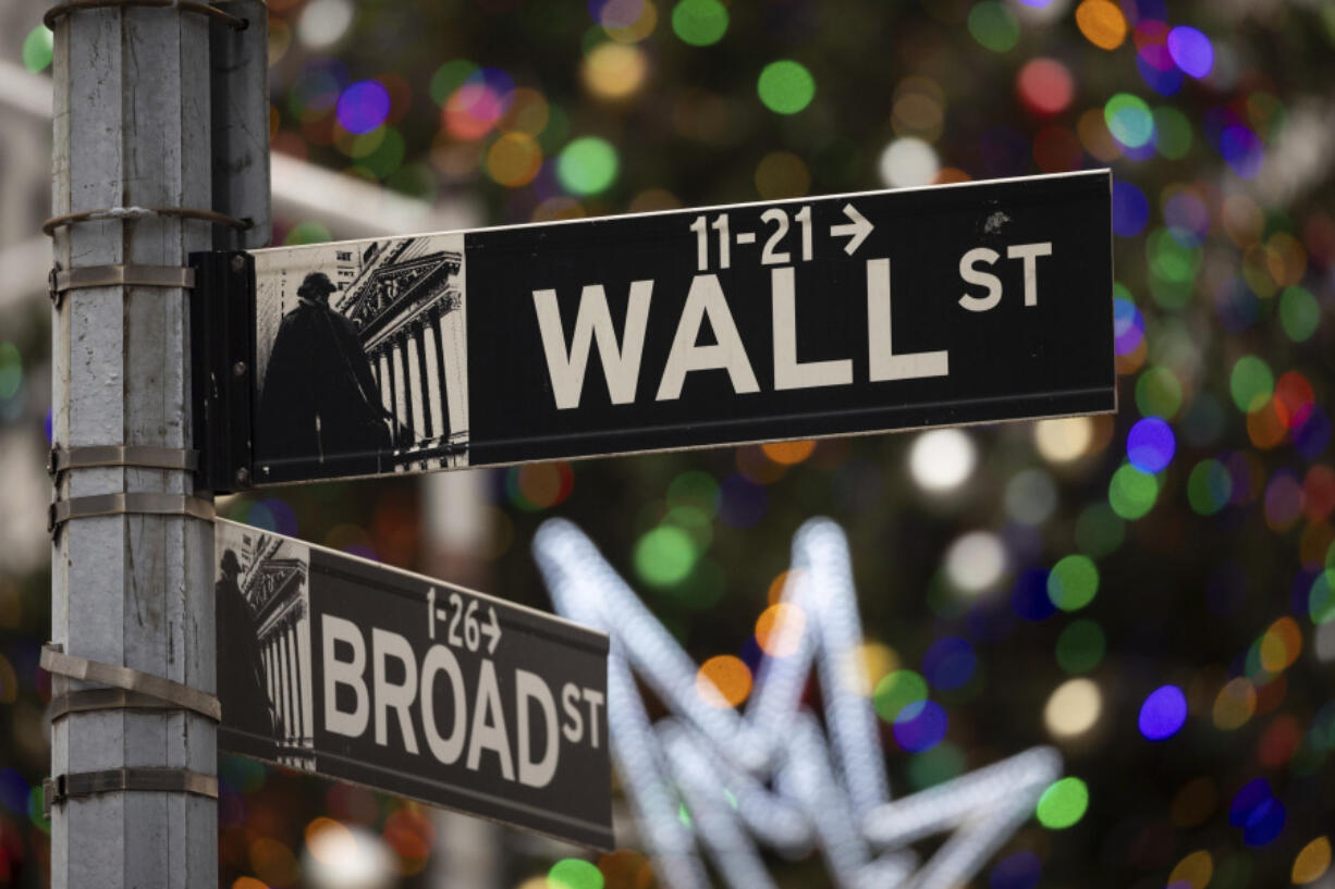 File - A sign at the intersection of Broad and Wall streets is shown outside the New York Stock Exchange, Monday, Dec. 11, 2023, in New York.