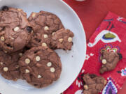 Chocolate brownie cookies with dried cherries and white chocolate chips.