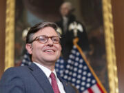 Speaker of the House Mike Johnson, R-La., is seen during a ceremonial swearing in for Celeste Maloy, R-Utah, to the House of Representatives, Tuesday, Nov. 28, 2023, on Capitol Hill in Washington.