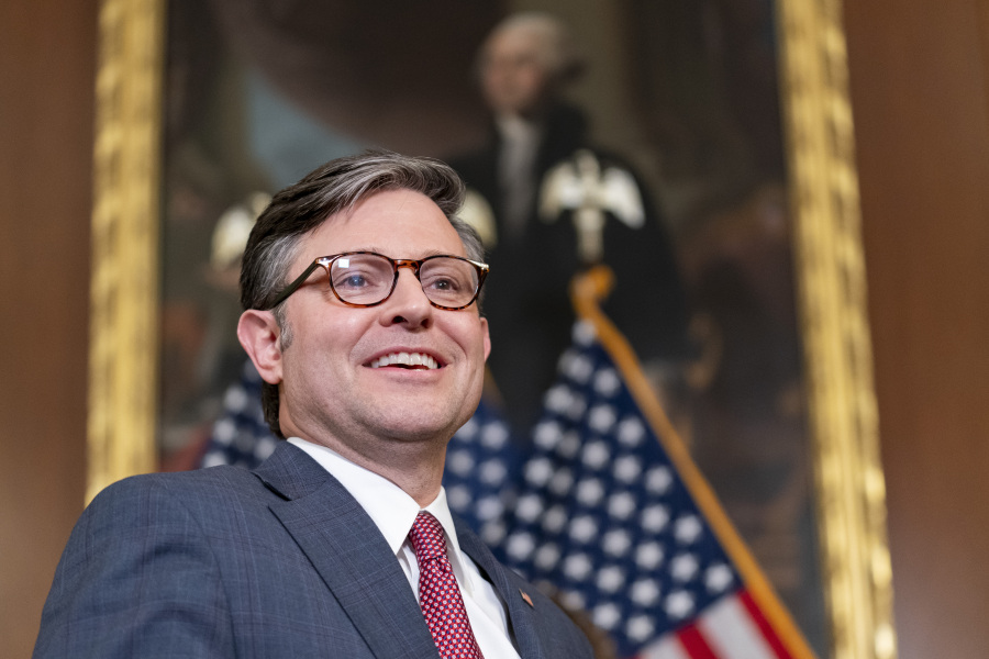 Speaker of the House Mike Johnson, R-La., is seen during a ceremonial swearing in for Celeste Maloy, R-Utah, to the House of Representatives, Tuesday, Nov. 28, 2023, on Capitol Hill in Washington.