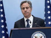 US Secretary of State Antony Blinken speaks during a press conference in Tel Aviv, Israel, Thursday, Nov. 30, 2023. Blinken on November 30 urged Israel to create safe zones for Palestinian civilians in Gaza before it resumes &quot;major military operations&quot; in the Hamas-ruled territory.