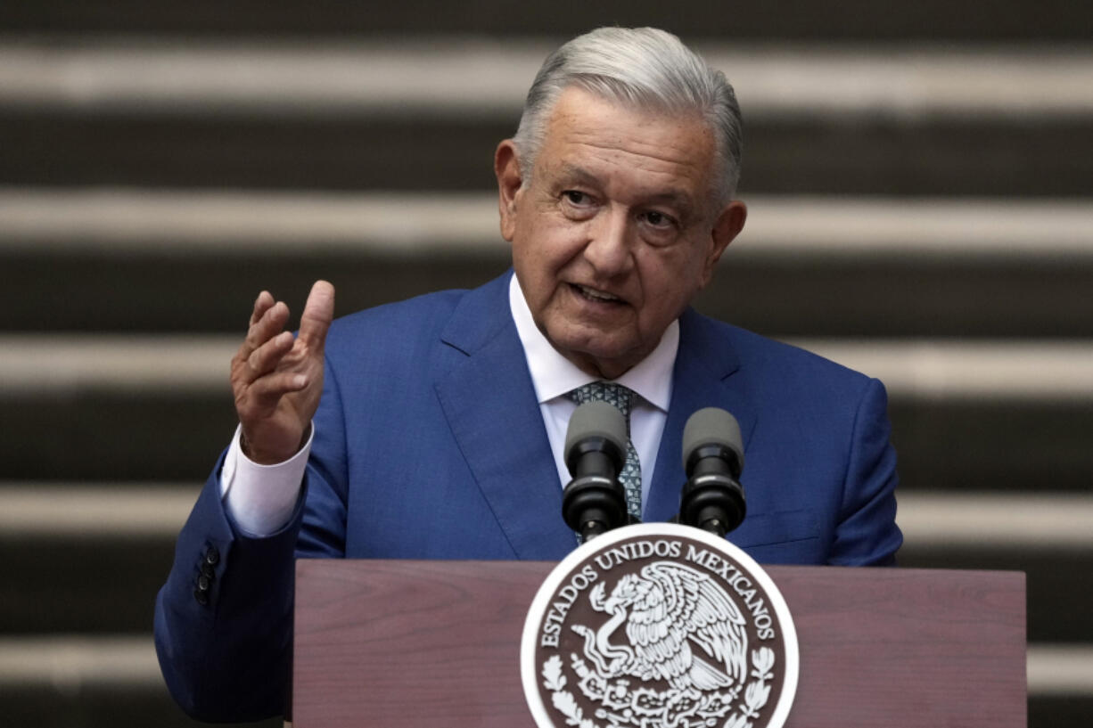 FILE - Mexican President Andres Manuel Lopez Obrador speaks at the National Palace in Mexico City, Jan. 10, 2023. Mexico&rsquo;s president vowed Monday, Dec. 11, 2023 to try to eliminate almost all remaining government oversight and regulatory agencies before he leaves office on Sept. 30, claiming they are &ldquo;useless&rdquo; and cost too much.