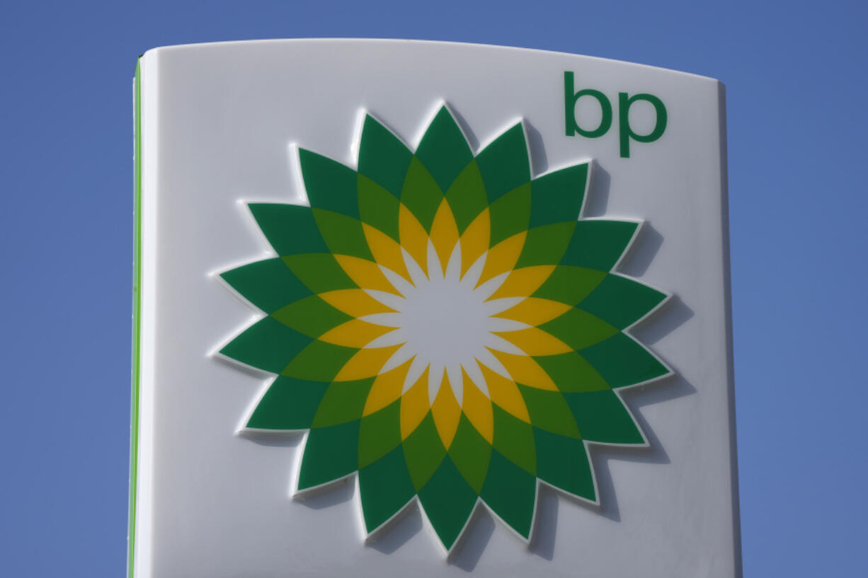 FILE - A BP logo is seen at a petrol station in London, on March 8, 2022. BP said Monday that it&rsquo;s &ldquo;decided to temporarily pause all transits through the Red Sea&rdquo; including shipments of oil, liquid natural gas and other energy supplies.