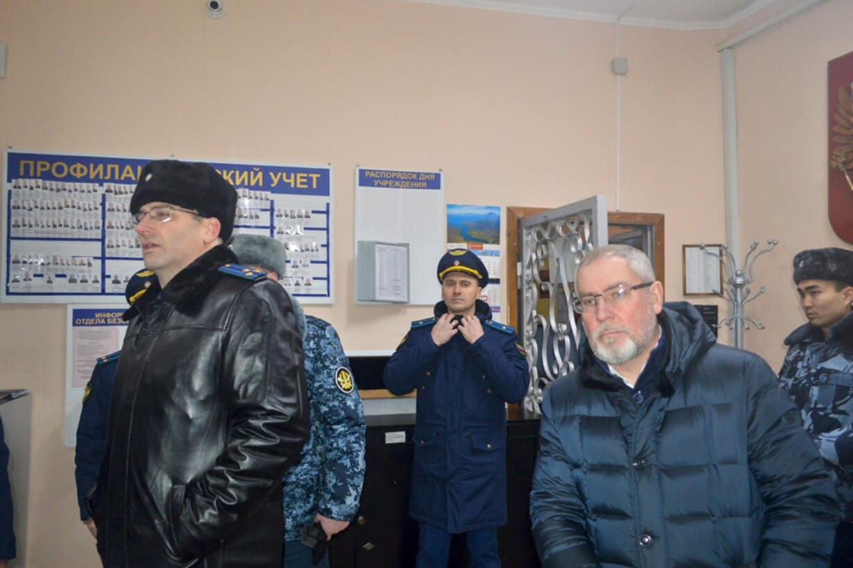 In this photo released by The Russian Federal Penitentiary Service (FPS) on Friday, Dec. 15, 2023, a group of officers visit a prison colony in the town of Kharp, in the Yamalo-Nenetsk region about 1,900 kilometers (1,200 miles) northeast of Moscow. Associates of imprisoned Russian opposition leader Alexei Navalny say he has been located at a prison colony above the Arctic Circle nearly three weeks after contact with him was lost.