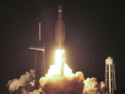 A SpaceX Falcon Heavy rocket lifts off from Kennedy Space Center at Cape Canaveral, Fla., Thursday, Dec. 28, 2023. The rocket was carrying the U.S. military&rsquo;s X-37B secret space plane.