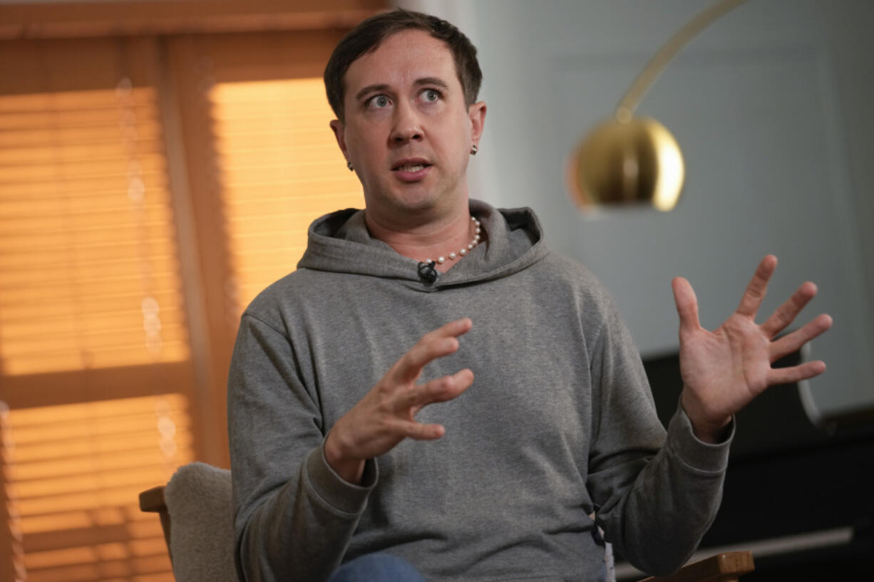 Samuel Schultz talks to reporters at his home, Monday, Oct. 9, 2023, in New York. It took eight years and the burgeoning #MeToo movement to spur them to go public and make a police report, and an additional five years for their attackers to plead guilty. Now, as much as Schultz hopes there&rsquo;s a reckoning coming in gay and queer communities, too, it feels like they are the one shouldering the blame, not the attackers: for coming forward, for harming the men&rsquo;s reputations.