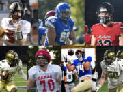 Clockwise from top left, Washougal's Holden Bea, La Center's Ryan Kawalek, Camas' Trenton Swanson, Evergreen's Fox Crader, Kelso's Payton Stewart, Camas' Carson Osmus and Evergreen's Arthur Ban all signed with college football programs on Wednesday, Dec. 20, 2023.