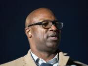 Rep. Jamaal Bowman, D-N.Y., cries while speaking alongside state legislators and faith leaders currently on hunger strike outside the White House to demand that President Joe Biden call for a permanent ceasefire in Gaza on Wednesday, Nov. 29, 2023.