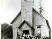 In 1908, the year the bell tower was added, the congregation gathered in front of the Salmon Creek Methodist Church dressed in their Sunday finest. The church later was moved from this location to the east side of Northeast Highway 99.