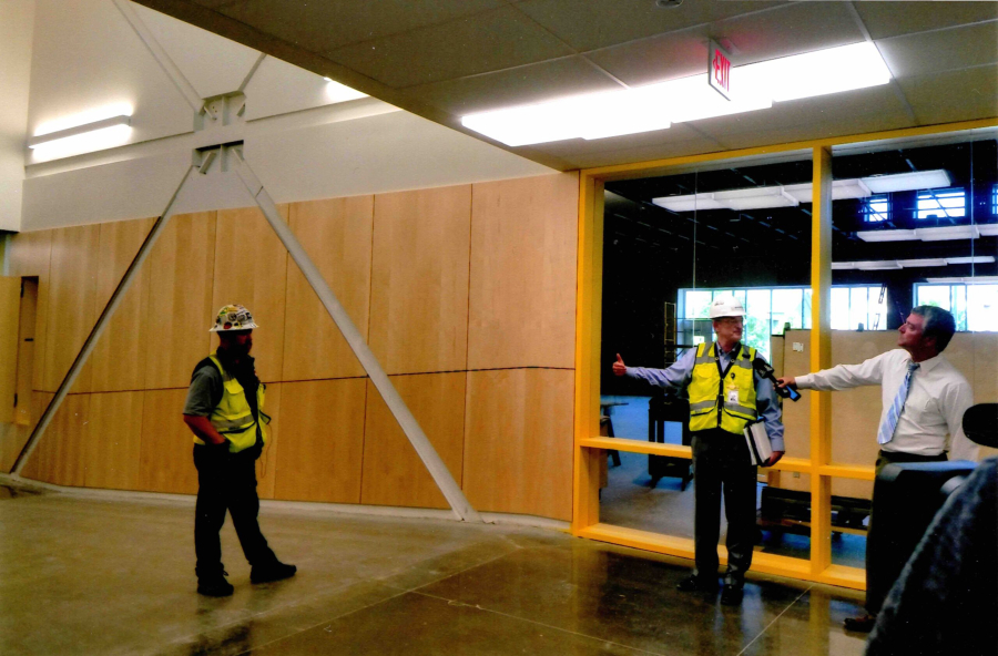 Extra seismic bracing that goes beyond current building code minimums is visible in the hallway of Tumwater Middle School in Beaverton.