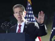 Democratic congressional candidate Mike Levin (D-CA) speaks with dignitaries and employees at ViaSat on Nov. 4, 2022, in Carlsbad, California.