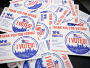 &ldquo;I voted&rdquo; stickers sit on a table inside the early voting Chicago Board of Elections&rsquo; Loop Super Site in Chicago, on Oct. 1, 2020.