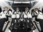 Members of NASA's SpaceX Crew-8 from right to left, NASA astronauts Jeanette Epps, mission specialist; Matthew Dominick, commander; Michael Barratt, pilot; and Roscosmos cosmonaut Alexander Grebenkin, mission specialist; participate in the Crew Equipment Interface Test at Cape Canaveral Space Force Station in Florida on Jan. 12.