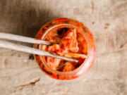 Kimchi is made out of salted and fermented vegetables, such as napa cabbage and Korean radish.