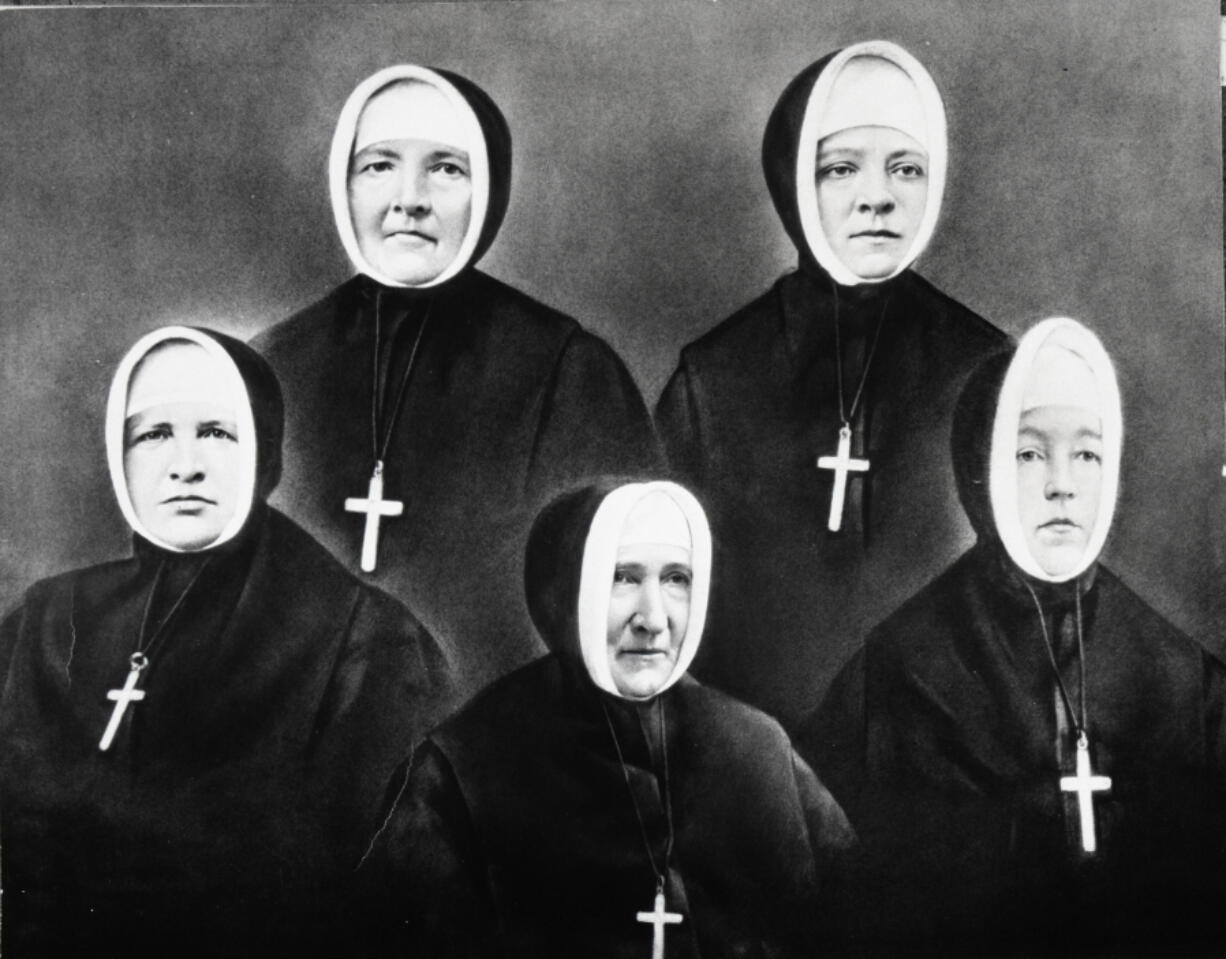 The five foundresses of the Sisters of Providence Northwest mission in Washington Territory. Front row: Sister Praxedes of Providence, Mother Joseph of the Sacred Heart, Sister Mary of the Precious Blood. Back row, Sister Vincent de Paul, Sister Blandine of the Holy Angels.