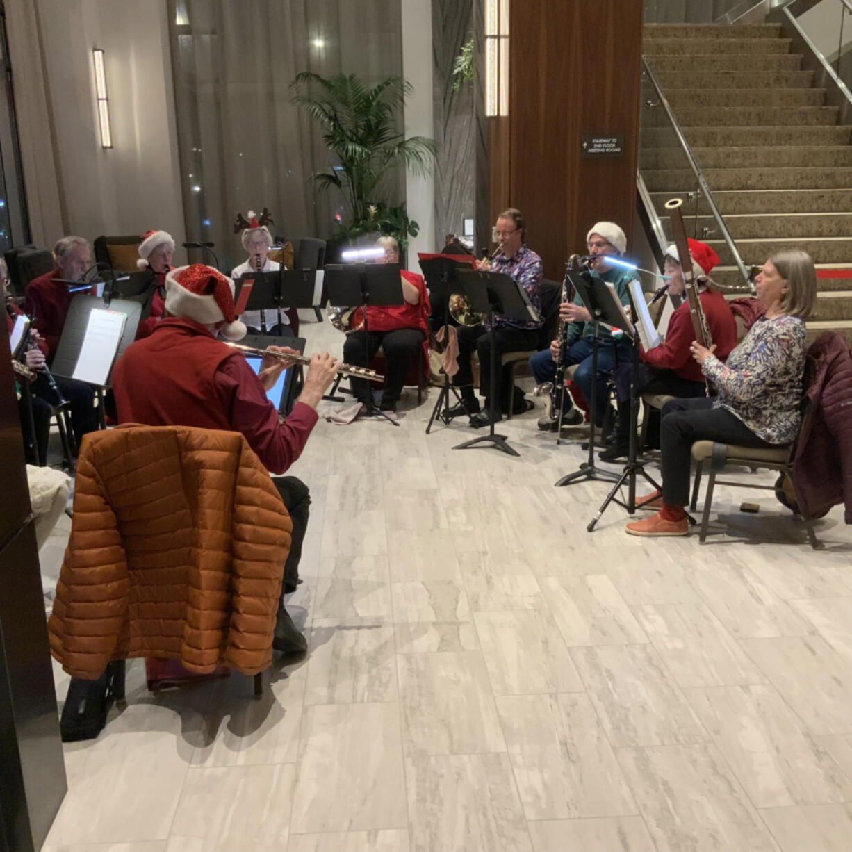 Woodwinds Anonymous, made up of current and former members of the Vancouver Community Concert Band, played a Christmas concert in the lobby of the Hilton Vancouver Washington on Nov.