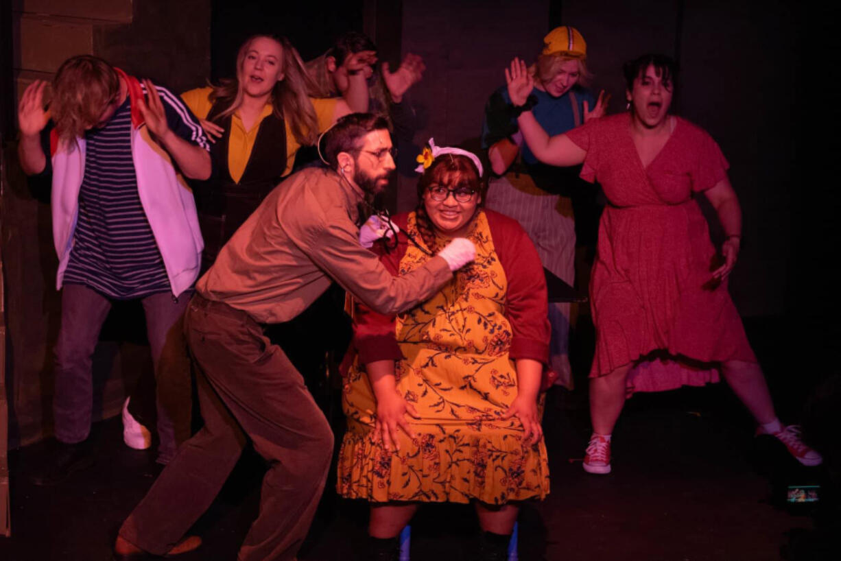 Magenta Theater volunteer and actor Angela Wall, the new president of Magenta&rsquo;s board of directors, was seen onstage in &ldquo;Vintage Hitchcock&rdquo; in 2022. With her are Foley artist David Ian, left, and Ryan Thiessen.