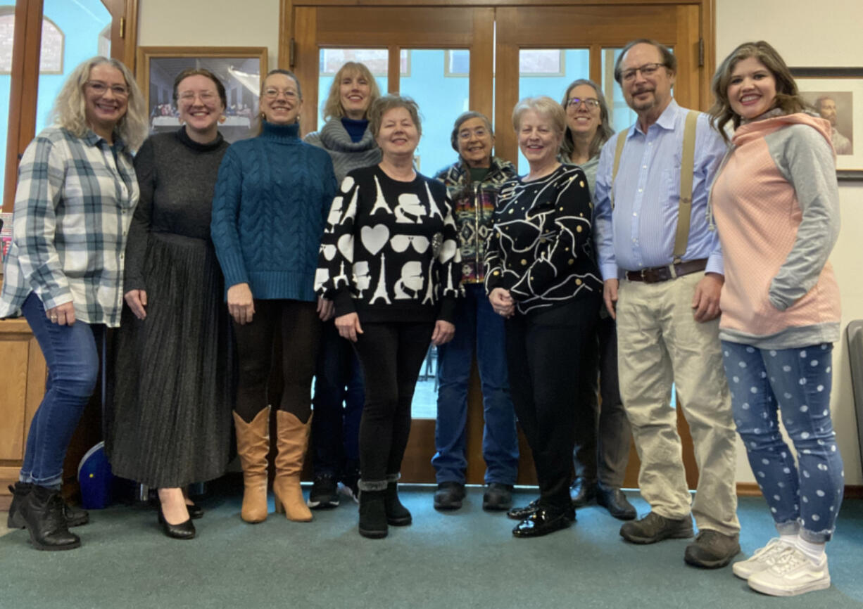 From left, April Duvic, Kassidy Effinger, Brenda Staub, MTACC president, Linda Appert, Elena Vozheiko-Wheaton, Pat Bastis, Cinda Redman, Cynthia Thomas-Hargunani, Richard Gellman, and Elizabeth Morris, Music Teachers Association of Clark County president-elect.