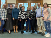 From left, April Duvic, Kassidy Effinger, Brenda Staub, MTACC president, Linda Appert, Elena Vozheiko-Wheaton, Pat Bastis, Cinda Redman, Cynthia Thomas-Hargunani, Richard Gellman, and Elizabeth Morris, Music Teachers Association of Clark County president-elect.