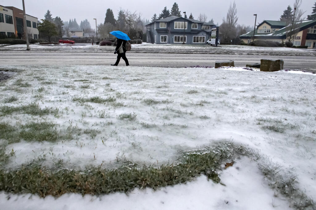 A pedestrian takes shelter under an umbrella while freezing rain transitions to all rain as the temperature rises Wednesday morning, Jan. 17, 2024.