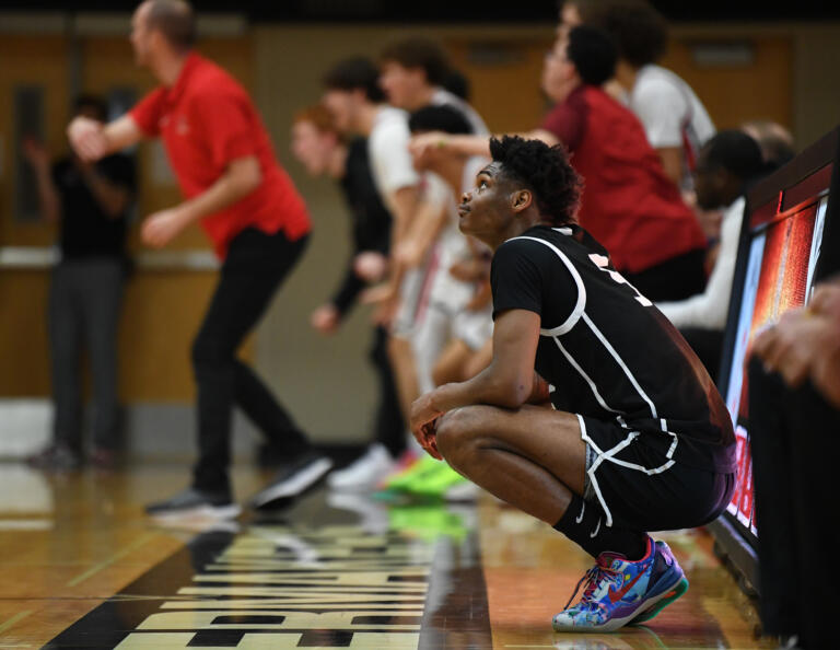 Skyview senior Demaree Collins looks up at the scoreboard Tuesday, Jan. 23, 2024, during the Storm’s 69-66 loss to Camas at Camas High School.