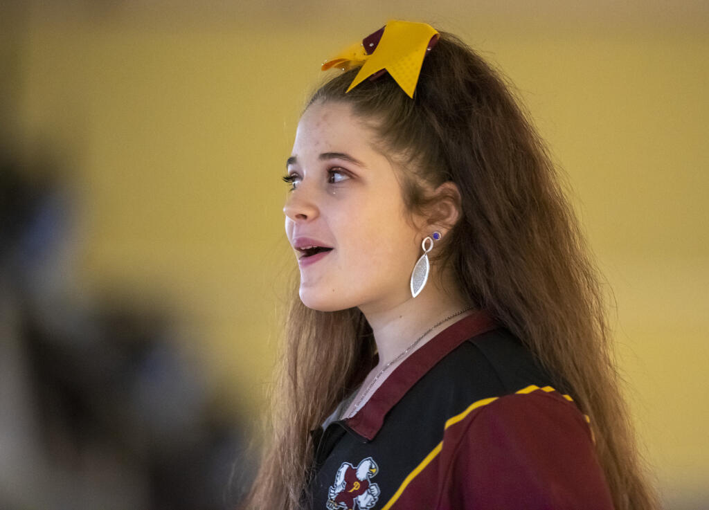 Prairie’s Izabella Hewes reacts after a bowl Friday, Jan. 26, 2024, during the WIAA District 4 3A/4A championships at Hazel Dell Lanes.