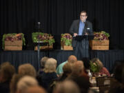 Clark County Food Bank President Alan Hamilton talks to the crowd of hundreds of volunteers, donors and partners at its annual meeting at the Hilton Vancouver Washington.